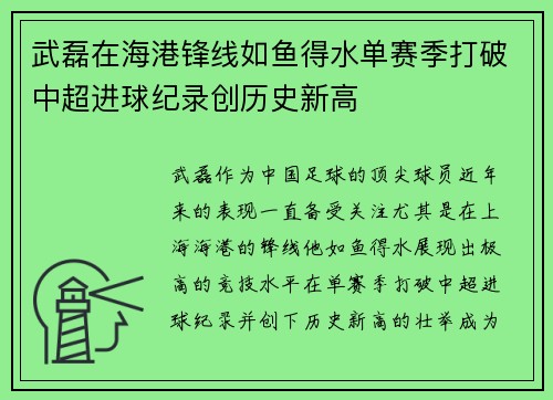 武磊在海港锋线如鱼得水单赛季打破中超进球纪录创历史新高 武磊在海港锋线如鱼得水单赛季打破中超进球纪录创历史新高