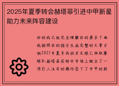 2025年夏季转会赫塔菲引进中甲新星助力未来阵容建设